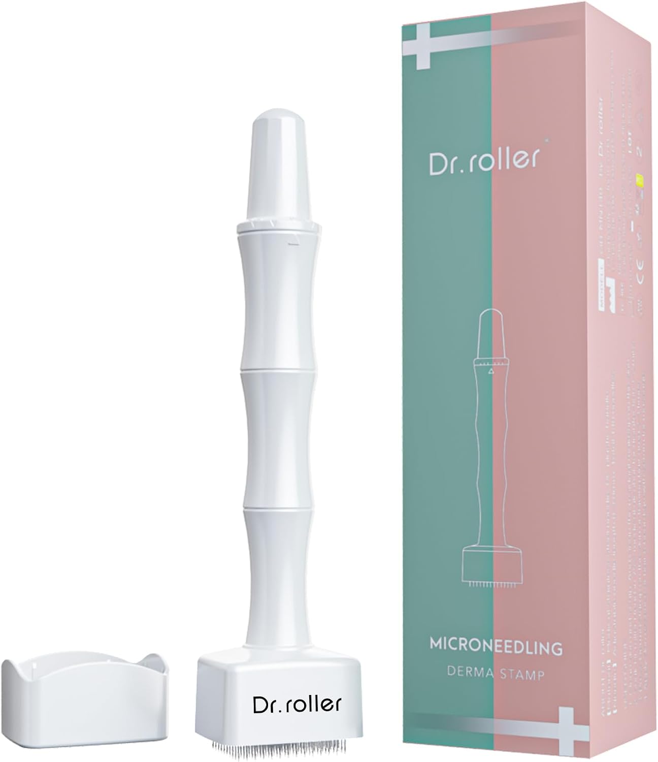 Biały Dr.roller Derma Stamp z pudełkiem, na jasnym tle